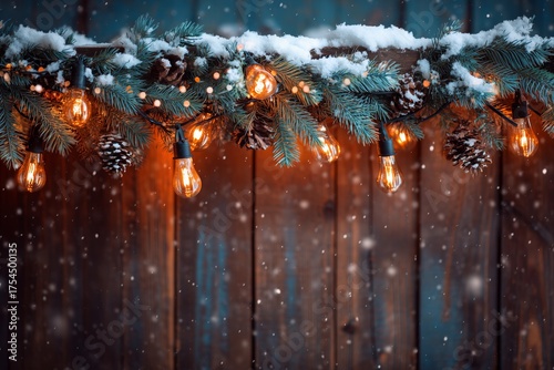 Snowy Christmas Background with Orange Baubles and Fir Branches