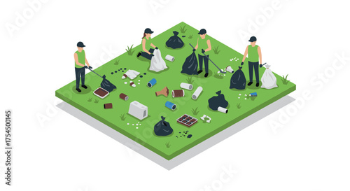 Isometric cleanup crew collecting trash in park