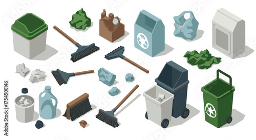 Isometric recycling bins and cleaning tools for ecofriendly waste management