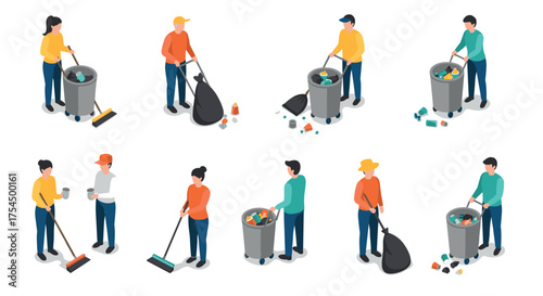 Isometric characters collecting trash and sweeping for urban cleanliness