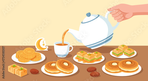 Delicious traditional desserts and tea being served for Ramadan celebration, creating a warm and inviting atmosphere for family and friends to enjoy