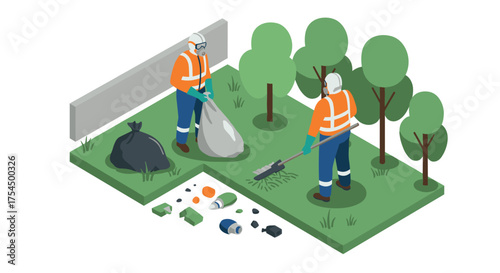 Workers cleaning park with recycling effort in isometric style