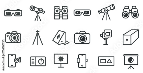 Photography and optics outline icons set – linear, camera, and binocular symbols