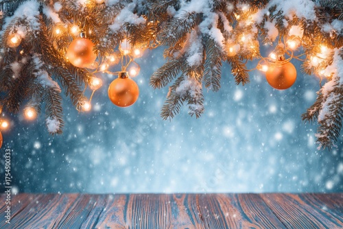 Snowy Christmas Background with Orange Baubles and Fir Branches