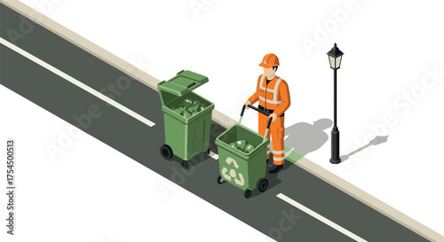 Isometric waste management worker collecting recycling bins on urban street