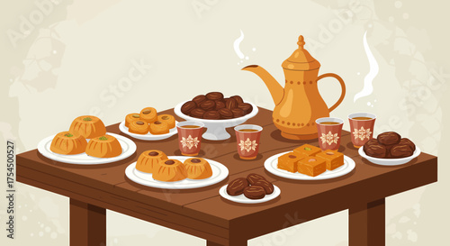 Delightful spread of Middle Eastern desserts and coffee arranged on a wooden table, perfect for celebrating Eid or Ramadan with family and friends