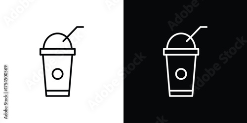Plastic drinking cup icon in black line illustration. Design logo for app, UI.