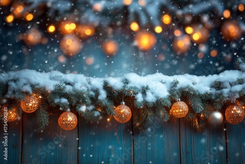 Snowy Christmas Background with Orange Baubles and Fir Branches