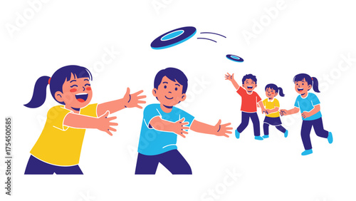 Playful Toss: a group of children enjoys an outdoor activity throwing a flying disc to each other, embodies joy, coordination, and summer fun.