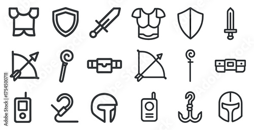 Medieval and fantasy outline icons set – linear, armor, weapons and warrior symbols