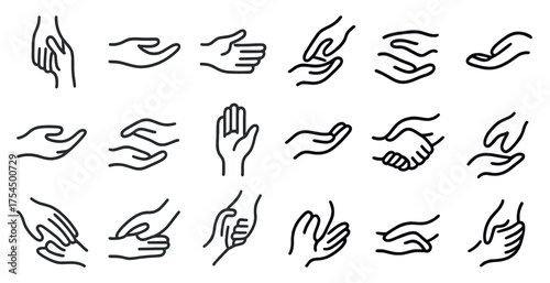 Helping hands icons set – outline, line, support and charity symbols