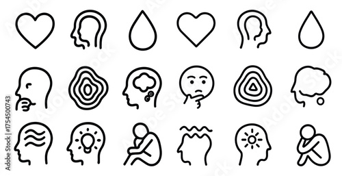 Mental health line icons set – outline, wellness, mindfulness and psychology graphics