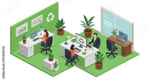 Ecofriendly office workspace with plants and recycled materials in isometric style