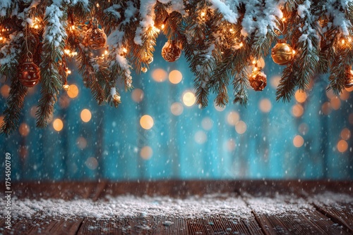 Snowy Christmas Background with Orange Baubles and Fir Branches