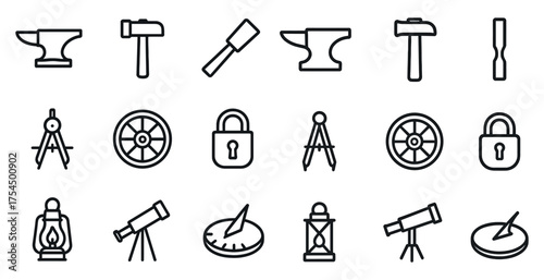 Carpentry and tools outline icons set – linear, line, diy and woodworking symbols
