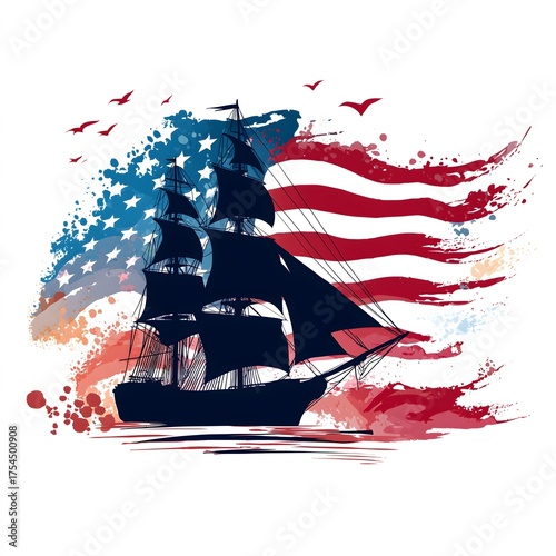 Isolated sailing ship with billowing sails against red, white, and blue flag