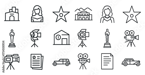 Entertainment industry outline icons set – film, movie, cinema symbols for creatives