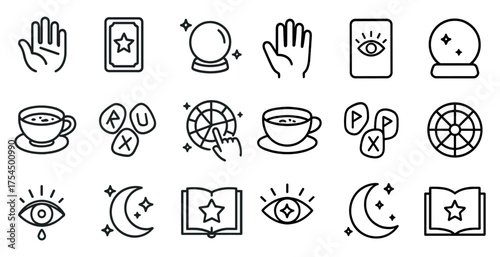 Fortune telling outline icons set – tarot, astrology, mystical symbols