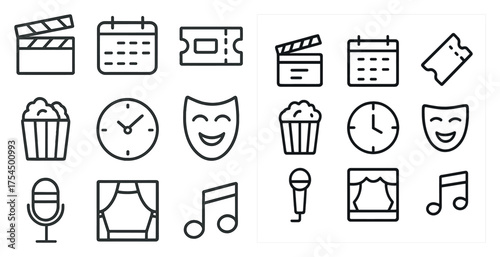 Entertainment and leisure line icons set – outline, flat, fun activity symbols