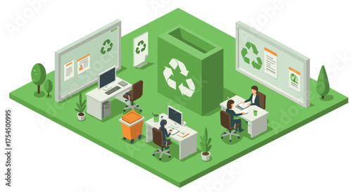 Ecofriendly office space with recycling symbols and green design elements in isometric style