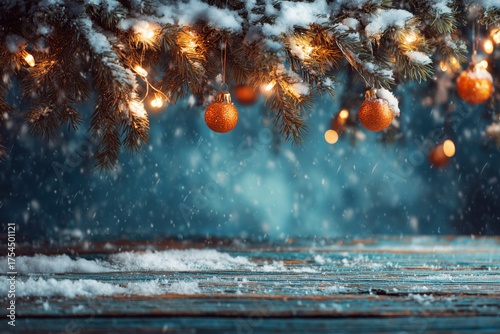 Snowy Christmas Background with Orange Baubles and Fir Branches