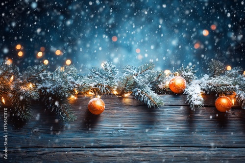 Snowy Christmas Background with Orange Baubles and Fir Branches
