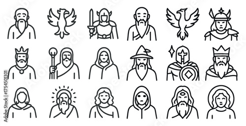 Medieval fantasy line icons set – outline, epic, rpg and mythological symbols
