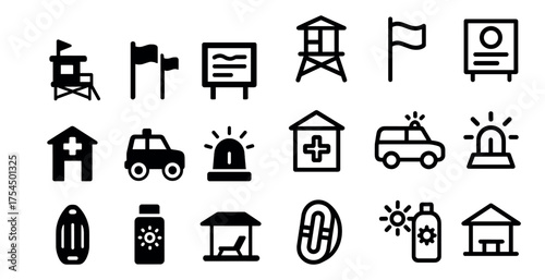 Lifeguard and beach safety icons set – outline, linear, rescue symbols