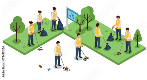 Isometric team cleaning park volunteers collecting litter in green area with trees