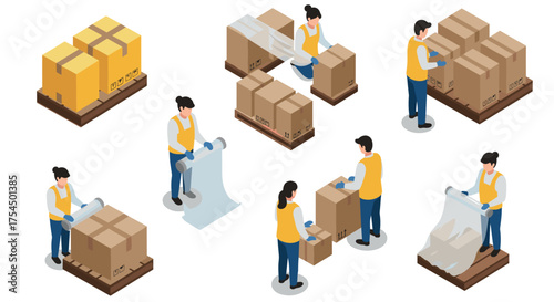 Isometric workers preparing packages for shipping with pallets and wrapping
