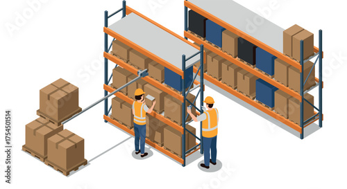 Warehouse workers organizing cardboard boxes on shelves in isometric style
