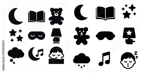 Bedtime and sleep solid icons set – filled, night and relaxation symbols