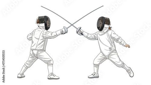 Fencing Duel: Two fencers locked in an intense duel, their swords crossed in a ballet of precision, strategy, and determination. A display of the sport's grace and the warriors' mental prowess