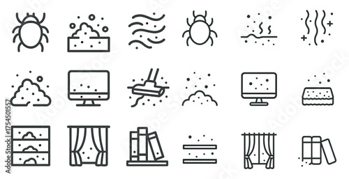 Dust and cleaning outline icons set – neat, tidy, maintenance symbols