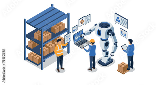 Isometric warehouse automation with robot and workers logistics and technology integration