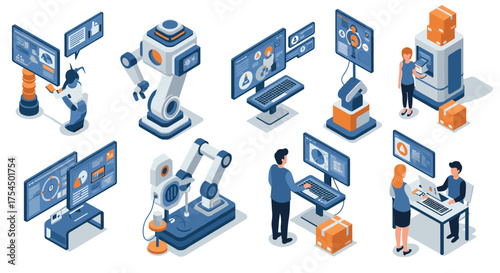 Innovative robotics and technology in modern isometric office and production environments