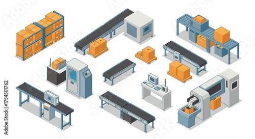Isometric factory elements conveyors, robots, and industrial equipment