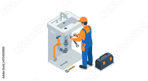 Plumber fixing kitchen sink with tools in isometric style