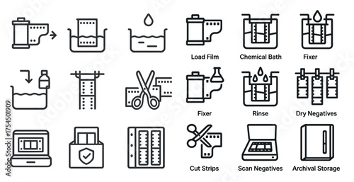 Film development linear icons set – outline, analog photography, darkroom symbols