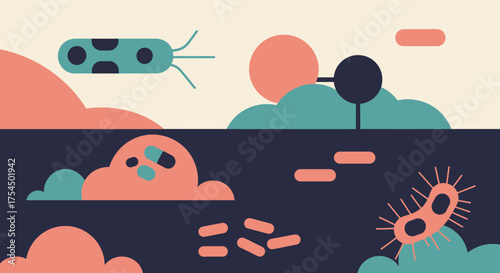 Stylized Illustration of Microscopic Organisms in a Divided Environment.