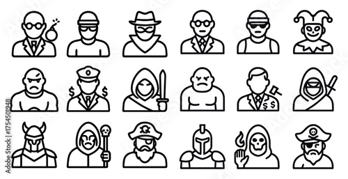 Hacker and criminal outline icons set – linear, silhouette, cyber and crime symbols