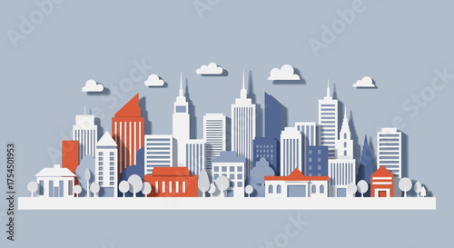 Stylized paper cut effect city skyline illustration with buildings.