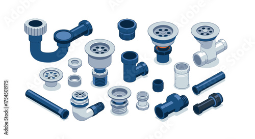Isometric plumbing parts set with pipes and drains