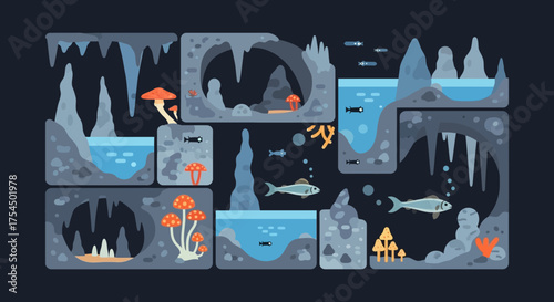 Stylized vector illustration of an underground cave system with lakes and fish.
