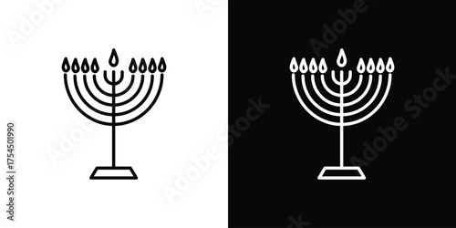 Menorah icon in black line illustration. Design logo for app, UI.