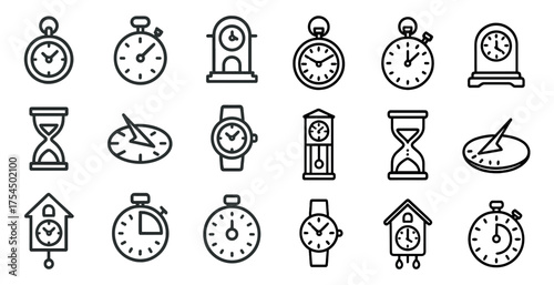 Vintage timepiece line icons set – retro, clock, watch symbols