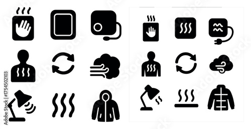Heating and ventilation solid icons set – filled, hvac, climate control symbols