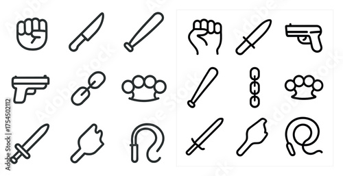 Self-defense outline icons set – linear, silhouette, personal safety symbols