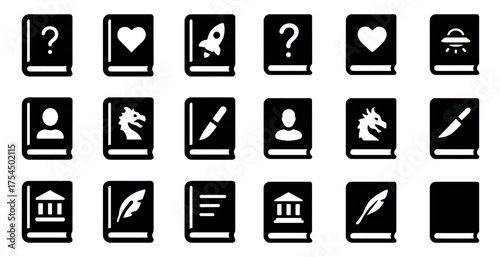 Mystery and adventure icons set – solid, filled, book and story symbols