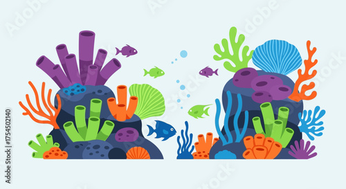 Vibrant Coral Reef Illustration with Colorful Fish and Sea Plants.
